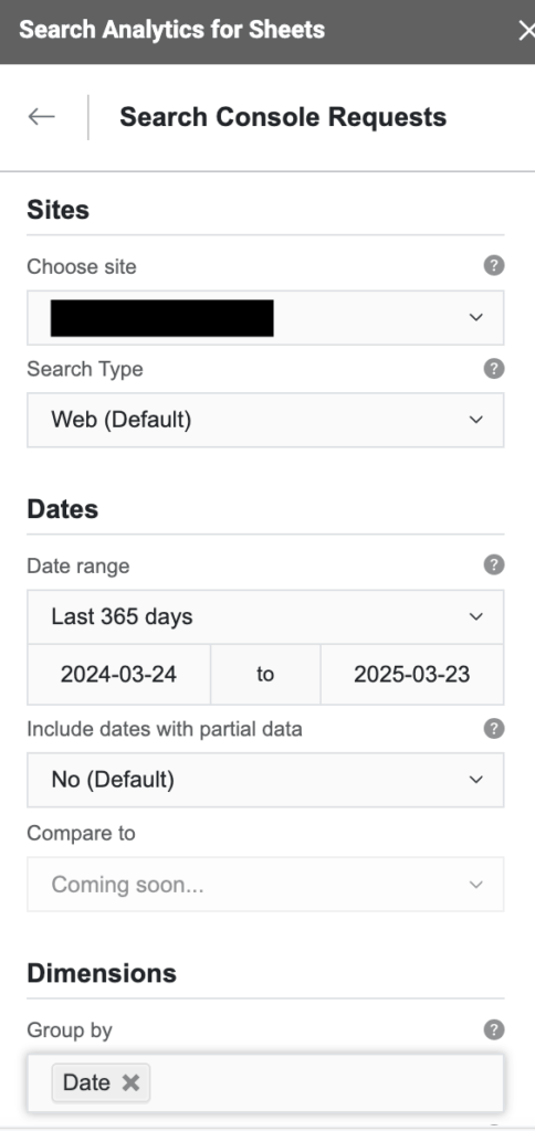 A screenshot of search analytics for sheets