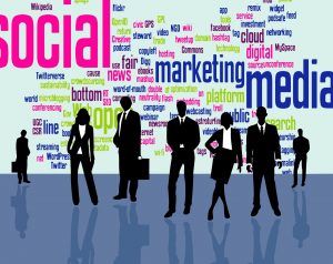 Various aspects of online marketing with a silhouette of businesspeople standing in front