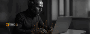 AI content concept: Robot/human mix working on a computer