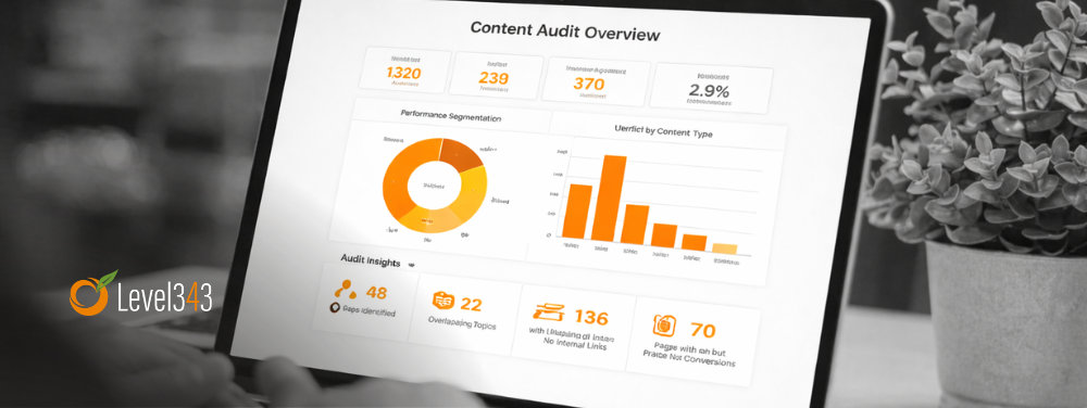 a content audit overview on a laptop showing performance data