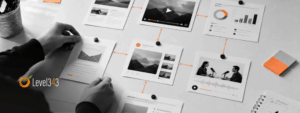 A grayscale workspace scene showing printed content cards for articles, video, charts, social posts, and podcasts connected by orange lines, representing a coordinated content marketing mix.