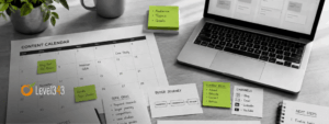 Content planning workspace with a calendar, topic notes, buyer journey cards, content gap analysis sheet, and laptop planning board with green accents.