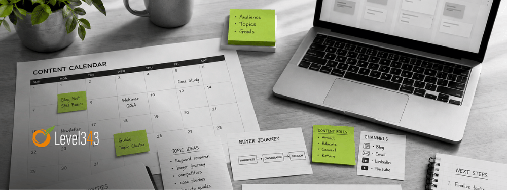 Content planning workspace with a calendar, topic notes, buyer journey cards, content gap analysis sheet, and laptop planning board with green accents.