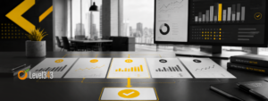 Black-and-white office workspace with marketing reports spread across a desk and performance dashboards on a monitor. Yellow highlights identify one selected report and connect it to a final decision, illustrating how a team chooses which marketing signal receives priority.
