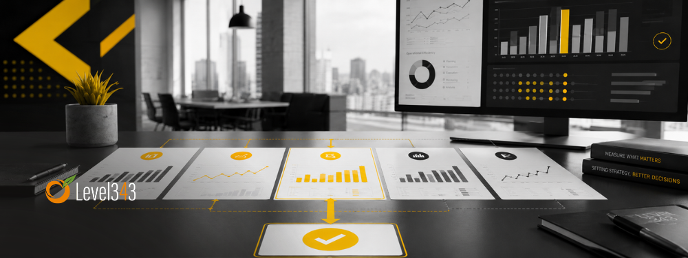 Black-and-white office workspace with marketing reports spread across a desk and performance dashboards on a monitor. Yellow highlights identify one selected report and connect it to a final decision, illustrating how a team chooses which marketing signal receives priority.