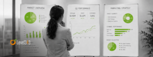 Marketer in a modern meeting room reviewing three boards of competing performance data, with green charts highlighted against a black-and-white setting.