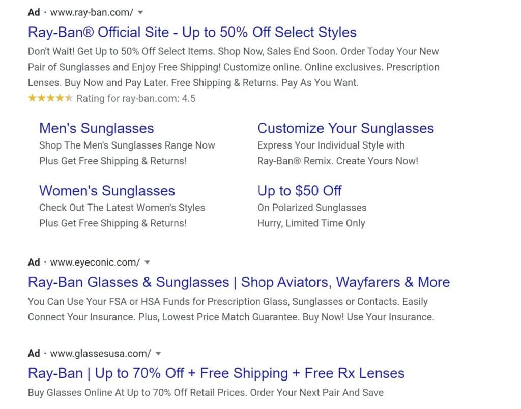 Google Ad for Ray-Bans