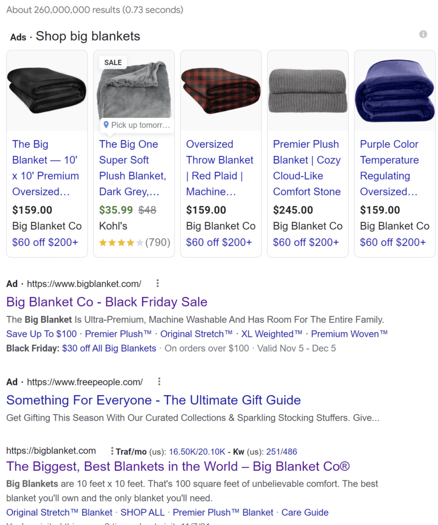 Big Blanket Co: SERP pages