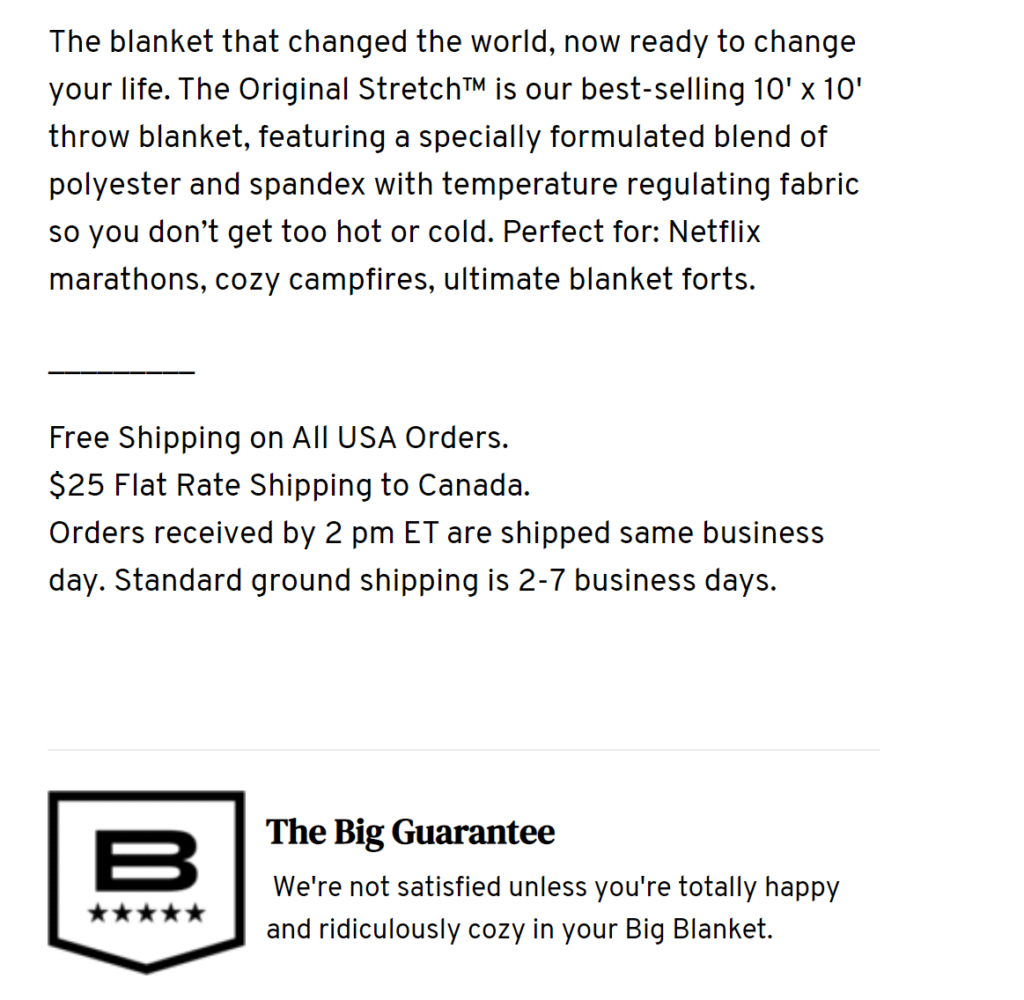 Big Blanket Co: Marketing campaign examples - Shipping and guarantee in product description