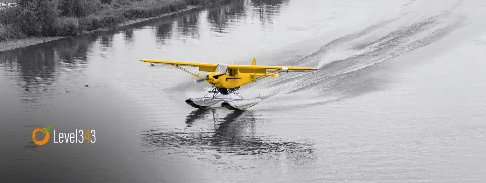 landing page concept: plane lands on water