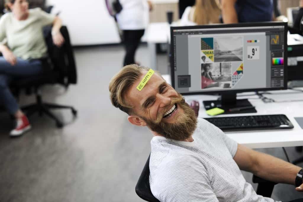 laughing man with a cta on his forehead