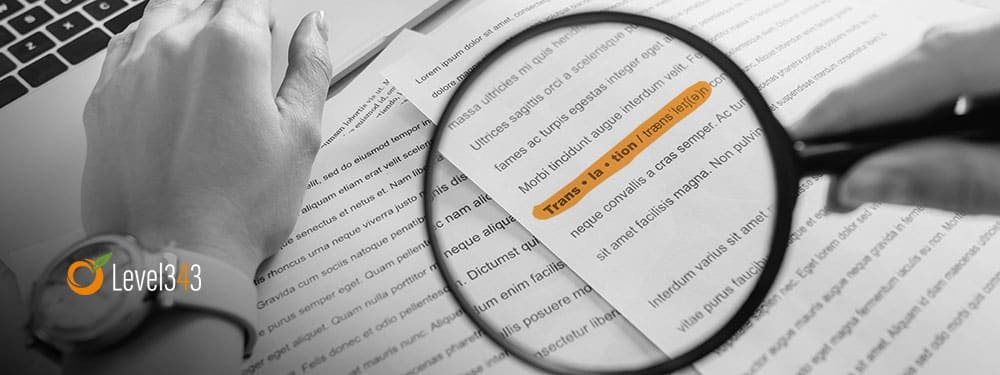 A magnifying glass showing the word translation in a dictionary