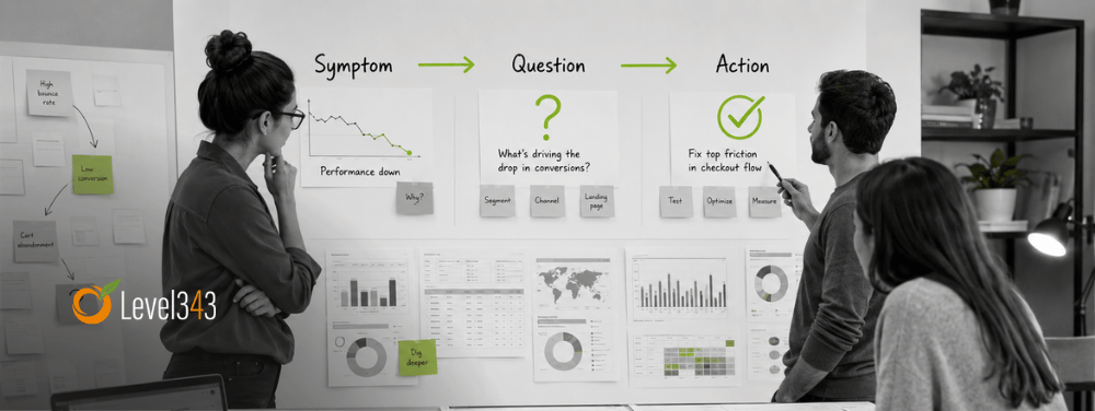 Marketer reviewing black-and-white reporting charts with lime green highlights showing a clear path from data symptoms to decisions.