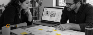 Marketing colleagues review a medical website and connected content plan, with yellow notes highlighting key topics.