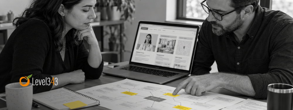 Marketing colleagues review a medical website and connected content plan, with yellow notes highlighting key topics.