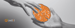 Concept - reciprocity in digital marketing: a hand passes the image of a brain to another hand