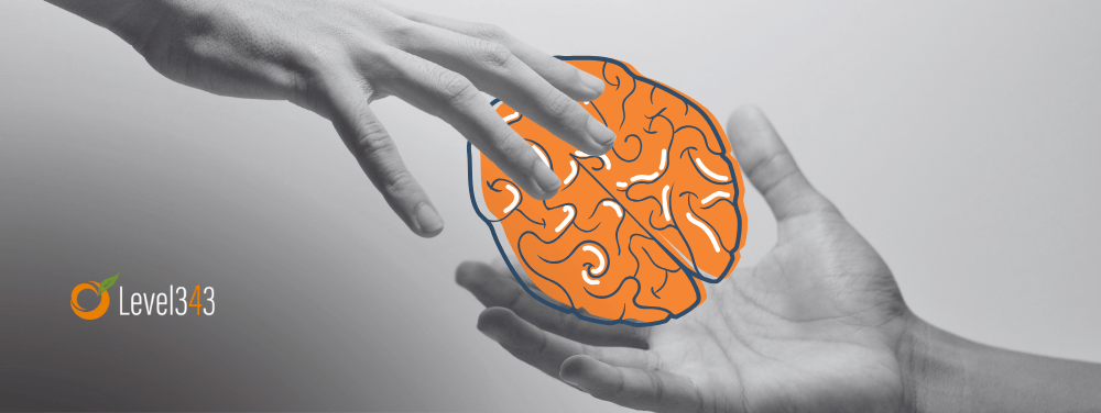 Concept - reciprocity in digital marketing: a hand passes the image of a brain to another hand
