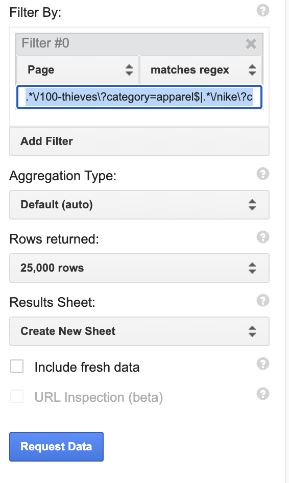 A screenshot of search analytics filter