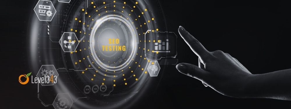 a hand reaches out to click a digital sign that says "seo testing"