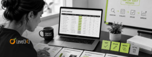 Content strategist reviewing website pages, audit notes, and a content inventory spreadsheet with green highlights for keep, update, merge, and retire decisions.