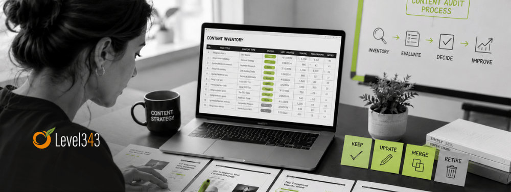 Content strategist reviewing website pages, audit notes, and a content inventory spreadsheet with green highlights for keep, update, merge, and retire decisions.